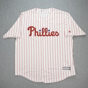 Majestic Phillies Jersey Mens XL White Pinstriped Coolbase Buttoned Baseball USA